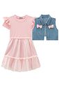 Conjunto de vestido em canelado liz e tule com elastano e colete em jeans 97252 Infanti Infantil Menina