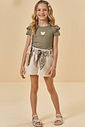 Conjunto de blusa em canelado de viscose e shorts em moletom linho sem pelúcia 98034 Kukiê Infantil Menina