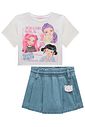 Conjunto de blusa em meia malha e short saia em jeans 98758 Kukiê Infantil Menina