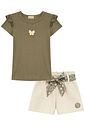 Conjunto de blusa em canelado de viscose e shorts em moletom linho sem pelúcia 98034 Kukiê Infantil Menina