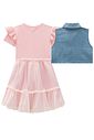Conjunto de vestido em canelado liz e tule com elastano e colete em jeans 97252 Infanti Infantil Menina