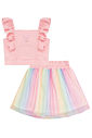 Conjunto de blusa  em canelado e saia em tela (com shorts embutido) 96597 Kukiê Infantil Menina