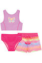 Trio de biquíni em malha poliamida com proteção UV50+ e shorts em tela fashion 96224 Kukiê Infantil Menina