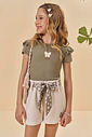 Conjunto de blusa em canelado de viscose e shorts em moletom linho sem pelúcia 98034 Kukiê Infantil Menina