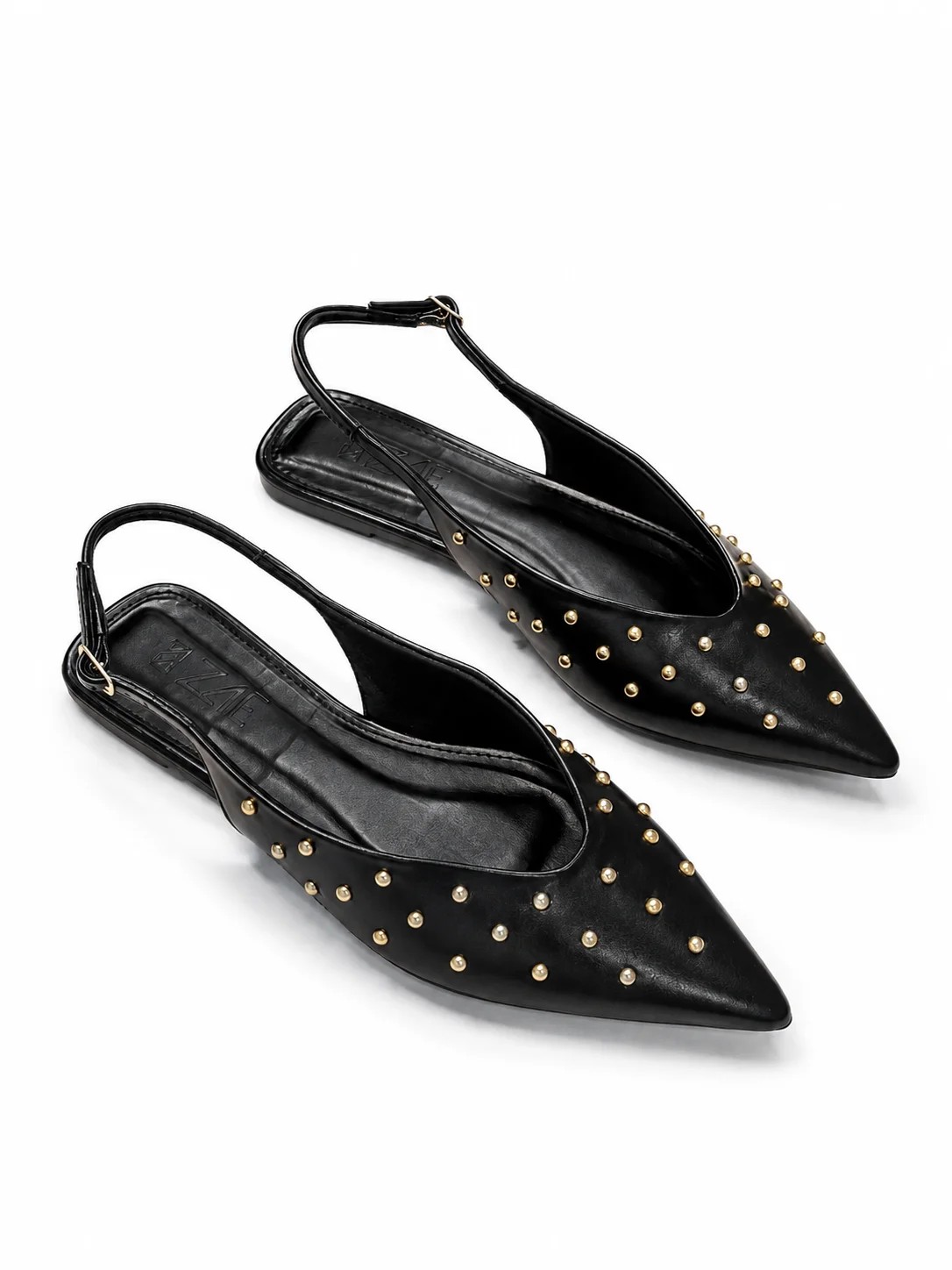 Ani - Sapatilha Slingback Bico Fino Preta com Aplicações Douradas