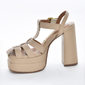 Sandália Meia Pata Vizzano Bico Quadrado Cabedal Vazada Salto Alto Grosso Bege
