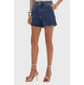 Short Jeans Flor de Lis Hot Pants Algodão Elastano Detalhe Drapeado Bolso Faca Azul Médio