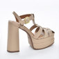 Sandália Meia Pata Vizzano Bico Quadrado Cabedal Vazada Salto Alto Grosso Bege