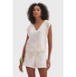 Blusa Flor de Lis Viscose Linho Decote V Manga Curta Estampa Folhas Off White