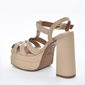 Sandália Meia Pata Vizzano Bico Quadrado Cabedal Vazada Salto Alto Grosso Bege
