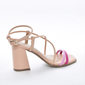 Sandália Ramarim Bico Quadrado Cabedal Tiras Coloridas Transpassada Salto Médio Rosa