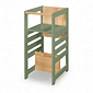 Torre de Aprendizagem Montessori 4 em 1 Verde Oliva Cadeirão Ajustável, Mesinha de Atividades, Quadro de Desenhos