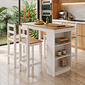 Conjunto Bancada Gourmet com Nichos e 4 Banquetas Essenza em Madeira Maciça de Pinos Branco Cera