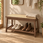 Banco Sapateira com Prateleira Ripada 75cm em Madeira Maciça e Rattan Cor Imbuia Banco Sapateira com Prateleira Ripada 75cm em Madeira Maciça e Rattan Cor Imbuia