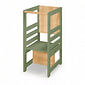 Torre de Aprendizagem Montessori 4 em 1 Verde Oliva Cadeirão Ajustável, Mesinha de Atividades, Quadro de Desenhos