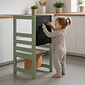 Torre de Aprendizagem Montessori 4 em 1 Verde Oliva Cadeirão Ajustável, Mesinha de Atividades, Quadro de Desenhos