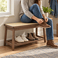 Banco Sapateira com Prateleira Ripada 75cm em Madeira Maciça e Rattan Cor Imbuia Banco Sapateira com Prateleira Ripada 75cm em Madeira Maciça e Rattan Cor Imbuia
