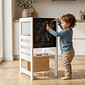 Torre de Aprendizagem Montessori 4 em 1 Branca Cadeirão Ajustável, Mesinha de Atividades, Quadro de Desenhos