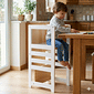 Torre de Aprendizagem Montessori 4 em 1 Branca Cadeirão Ajustável, Mesinha de Atividades, Quadro de Desenhos Torre de Aprendizagem Montessori 4 em 1 Branca Cadeirão Ajustável, Mesinha de Atividades, Quadro de Desenhos