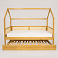 Cama Infantil Casinha Com Cama Auxiliar Bloomie em Madeira Maciça Pinus Mel Com Rattan Natural Cama Infantil Casinha Com Cama Auxiliar Bloomie em Madeira Maciça Pinus Mel Com Rattan Natural