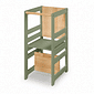 Torre de Aprendizagem Montessori 4 em 1 Verde Oliva Cadeirão Ajustável, Mesinha de Atividades, Quadro de Desenhos