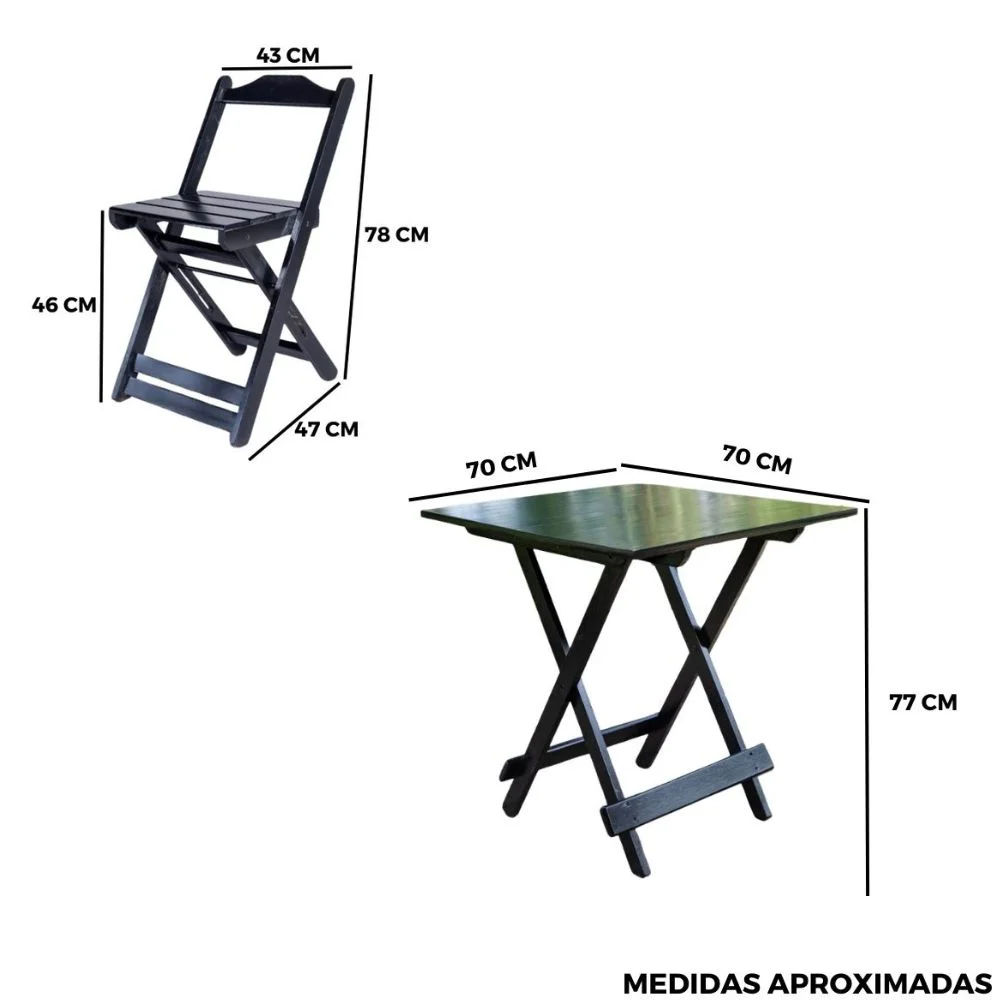 medidas conjunto dobravel 70x70 com 4 cadeiras preto