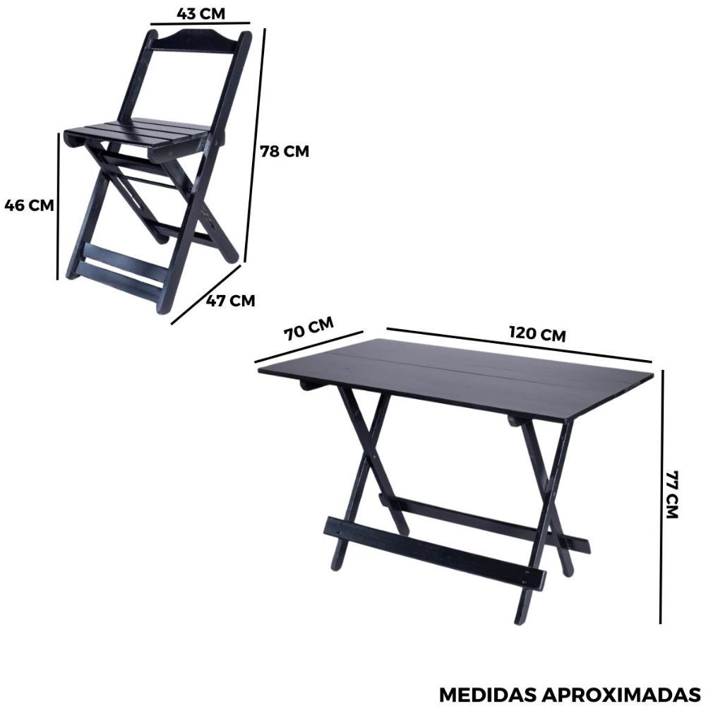 medidas conjunto dobravel 120x70 6 cadeiras preto