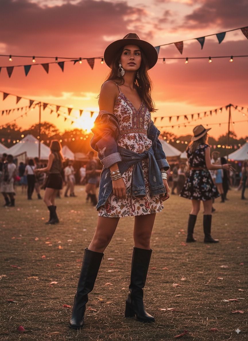 Vestido floral com jaqueta jeans na cintura e bota em p&ocirc;r do sol no festival