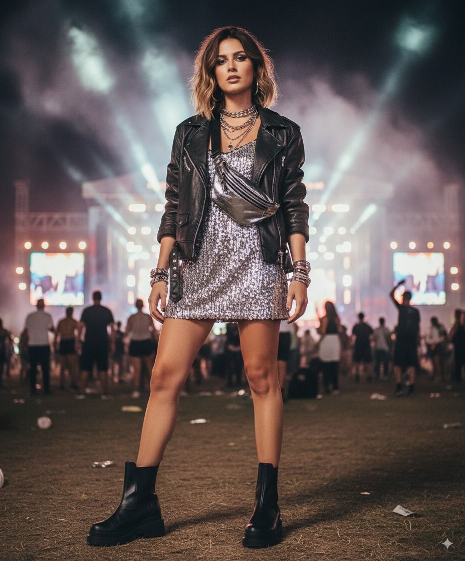 Look glam rock com vestido de paet&ecirc;s e jaqueta de couro em show noturno