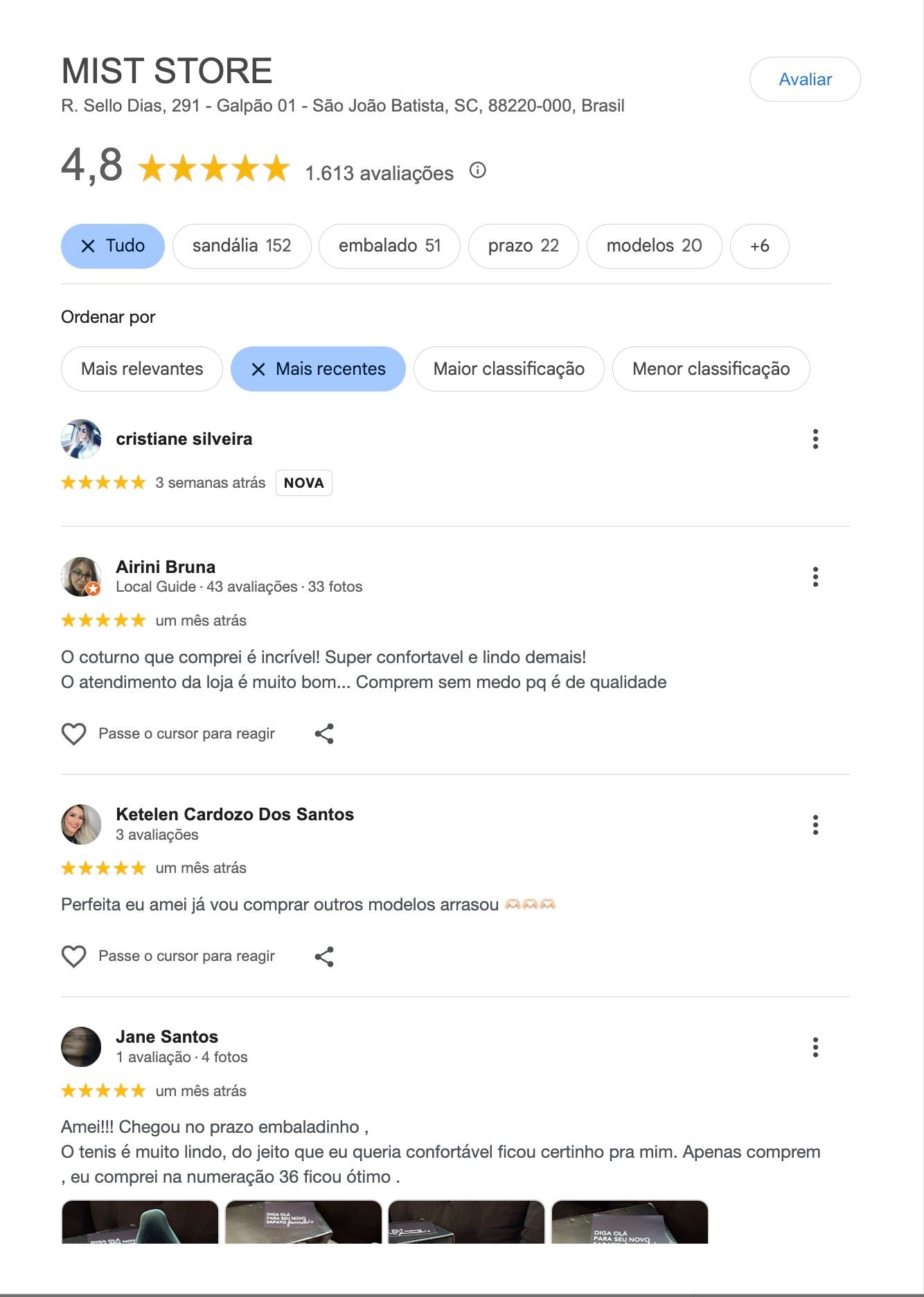 Avalia&ccedil;&otilde;es da Mist Store no Google com nota 4.8 de 5