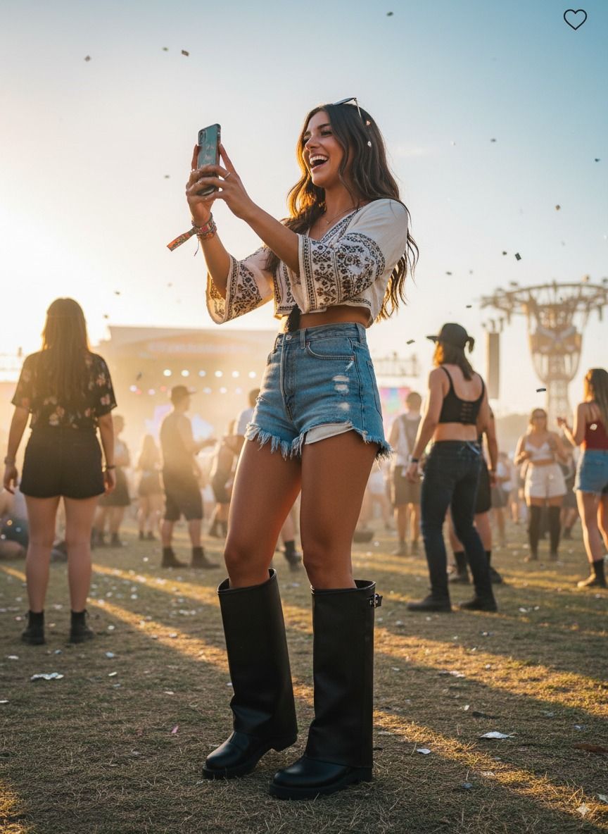 Look boho com shorts jeans, top e bota chelsea em festival ao sol