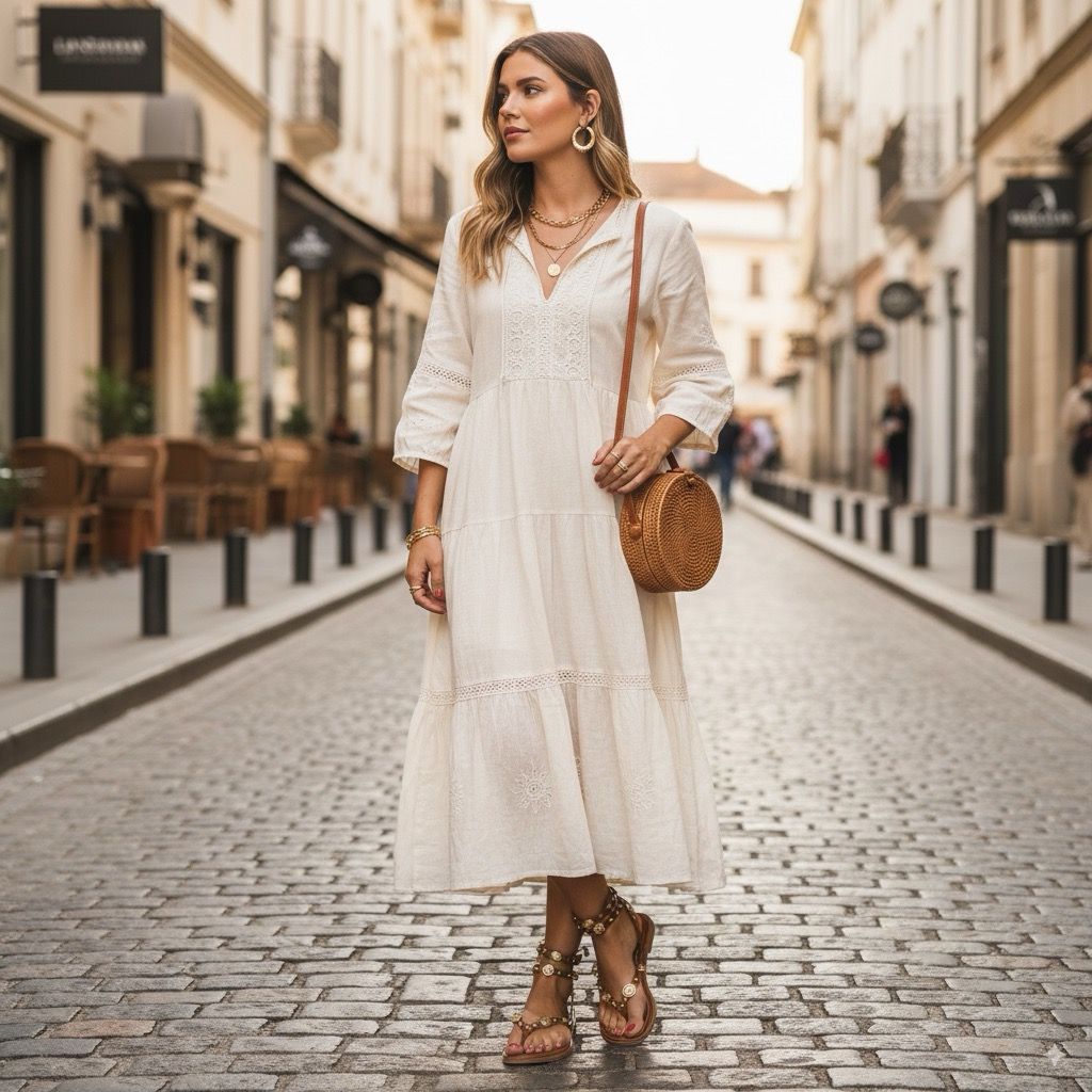 Look urbano de verão com vestido midi branco, bolsa de ráfia redonda e sandália Luna Camel