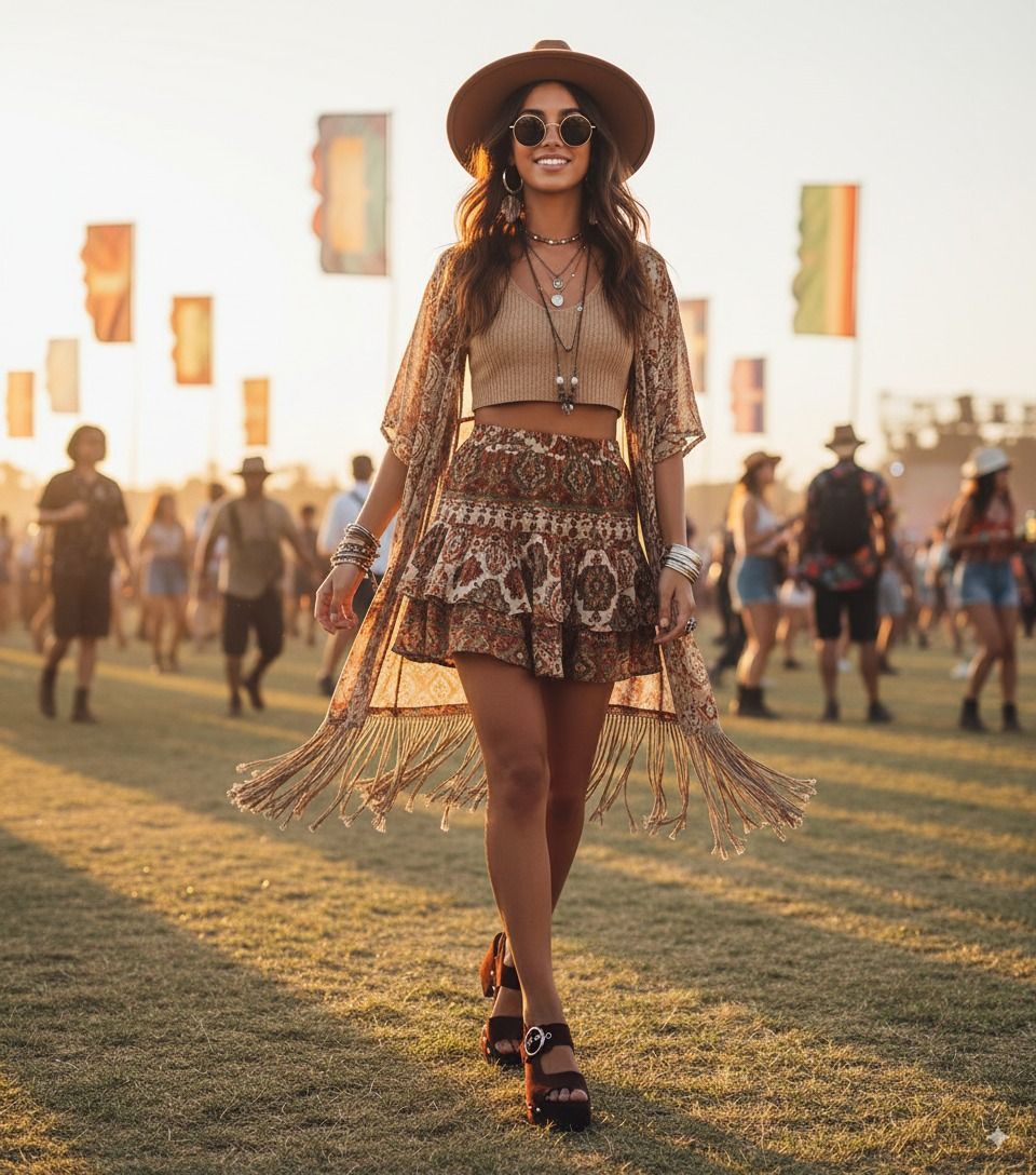 Look hippie chic com kimono de franjas e conjunto estampado em festival diurno