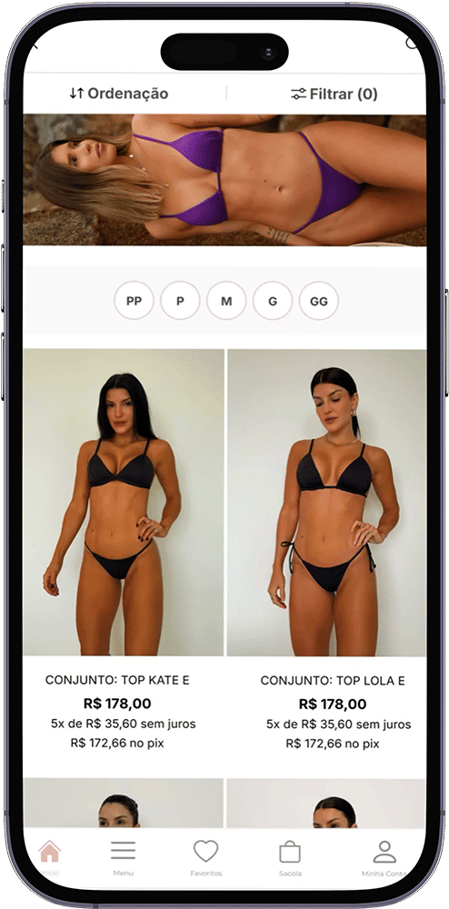 Aplicativo Vibe Bikinis em um celular