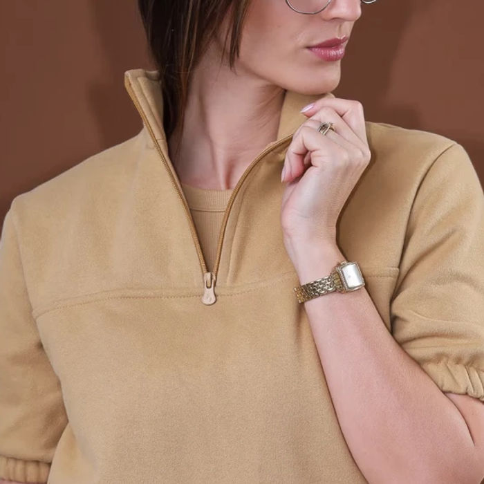 Conjunto moletom feminino Camurça Touch doce de leite com gola alta e zíper