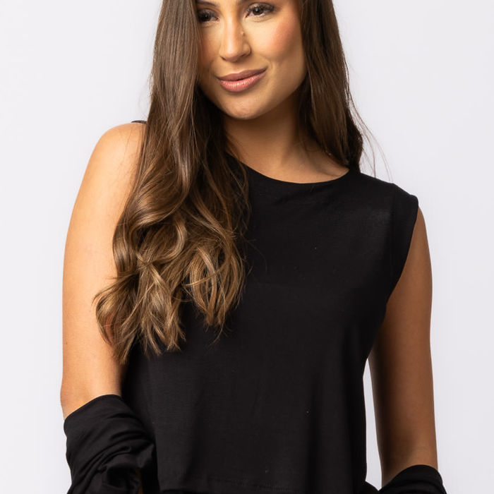 Trio feminino Comodità preto com kimono, calça pantalona e regata