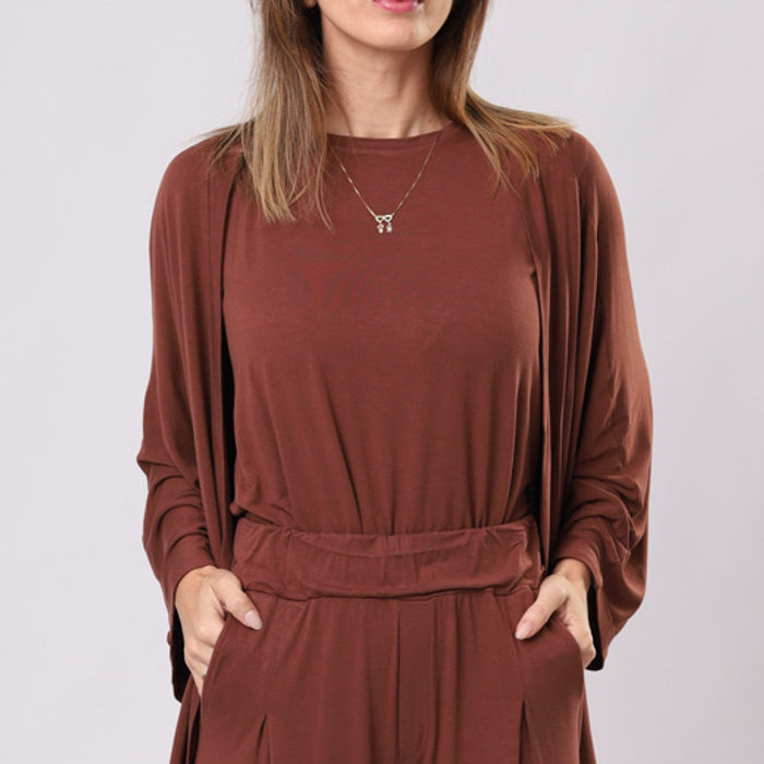 Trio feminino Comodità marrom com kimono, calça pantalona e regata