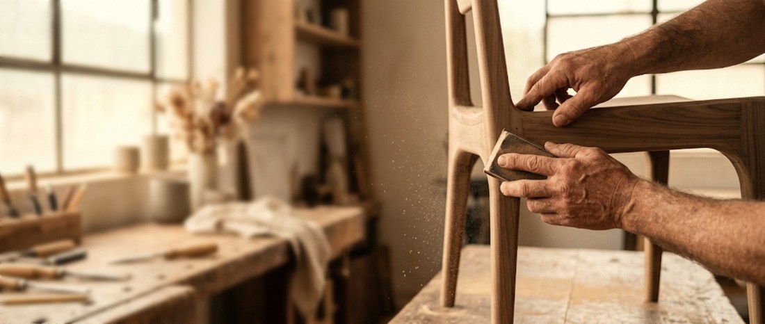 Artesão finalizando uma cadeira de madeira maciça na fábrica Maeve