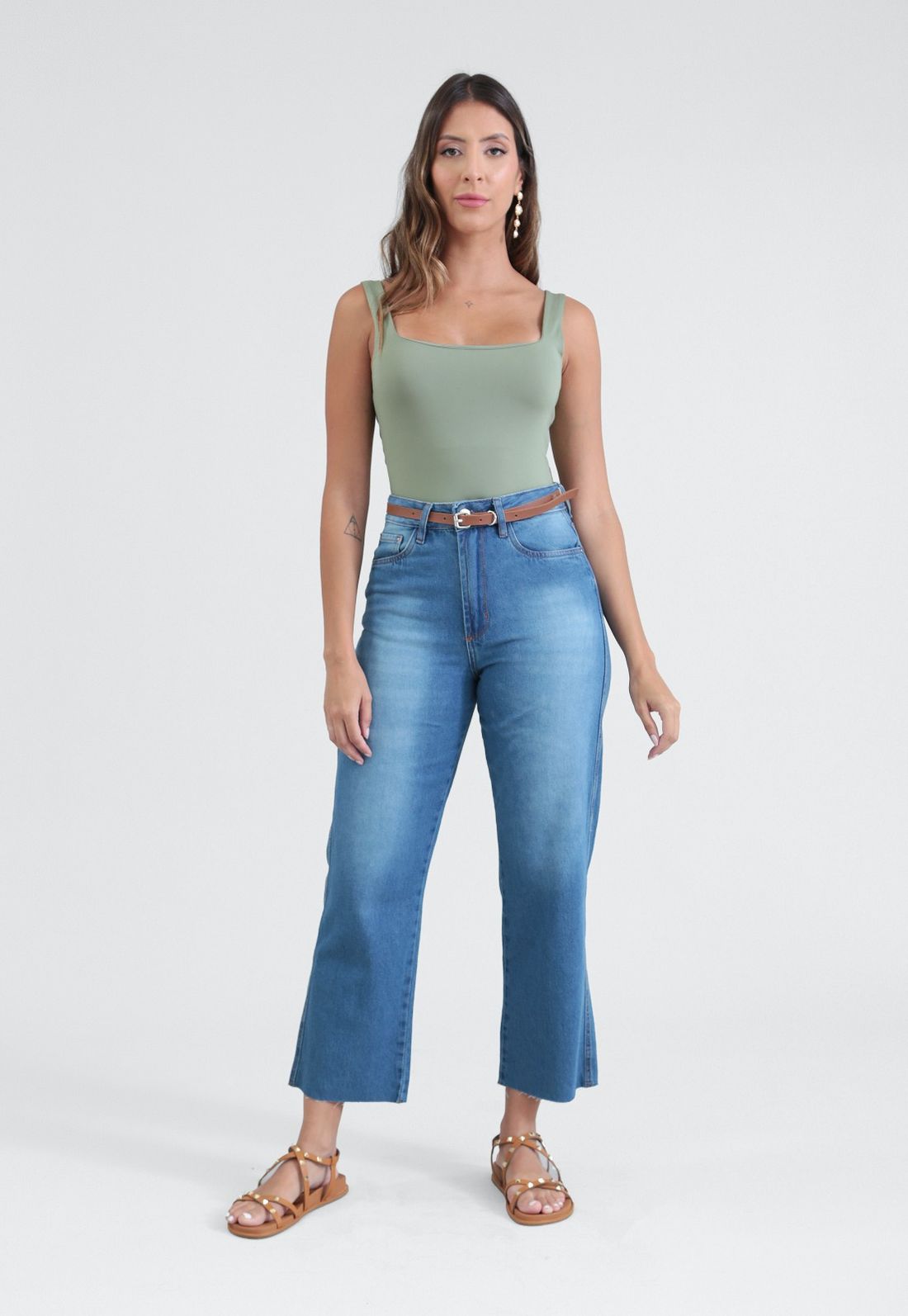 Calça Jeans Cropped Com Cinto - Cor AZUL - Tamanho 34