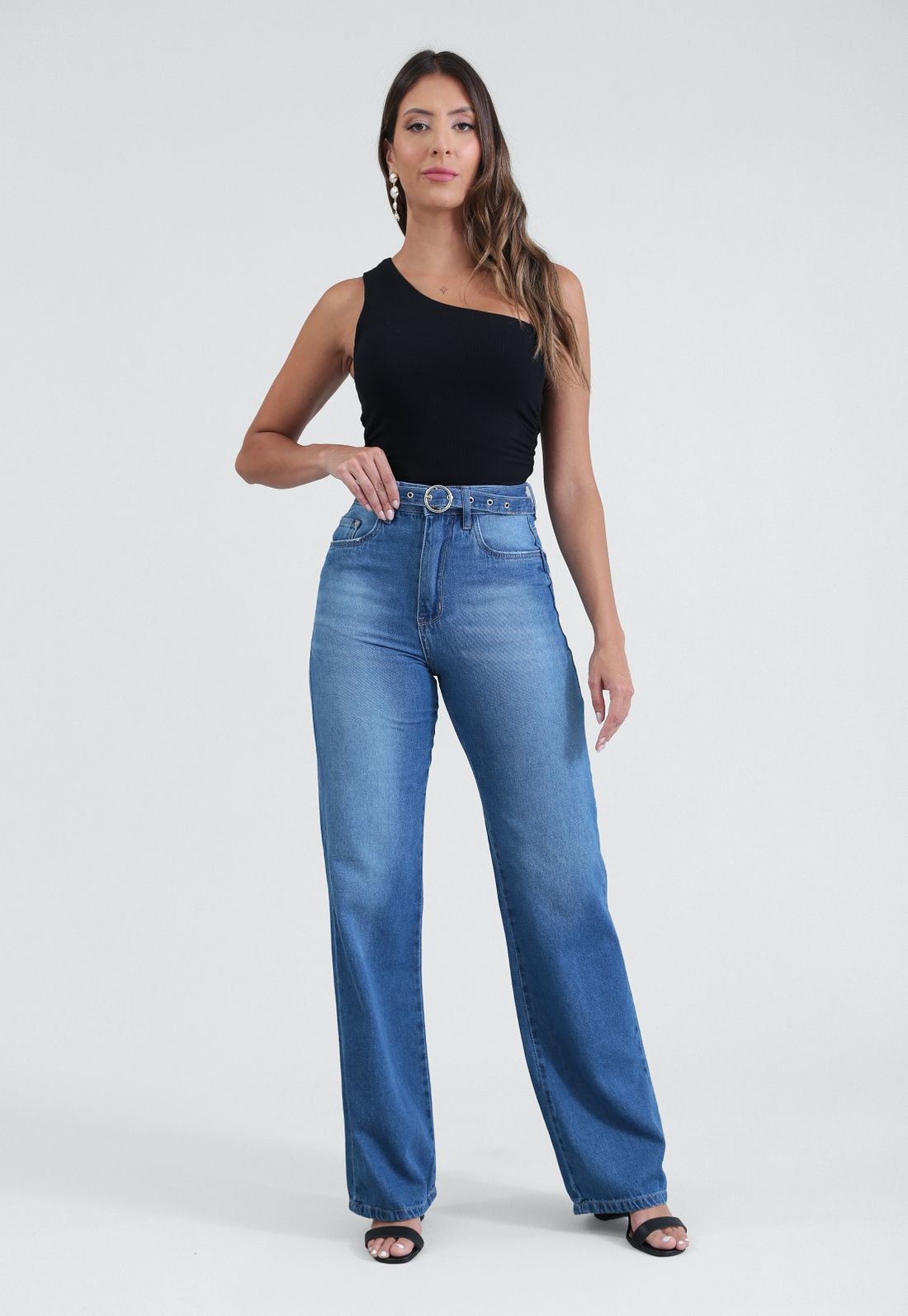 Calça Jeans Reta Com Cinto - Cor AZUL - Tamanho 34