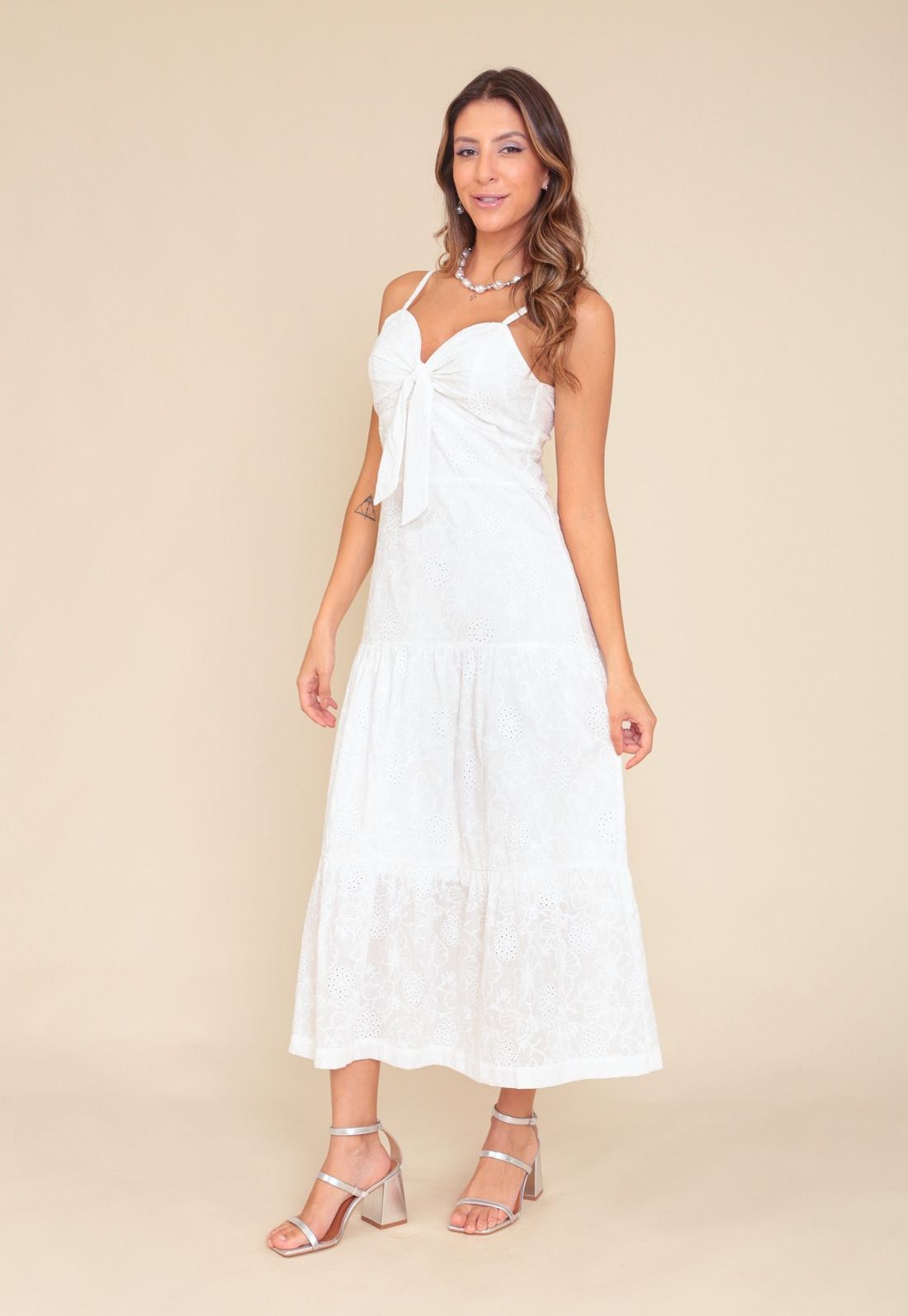 Vestido New Midi Em Laise Com Alças E Recortes - Cor BRANCO - Tamanho PP