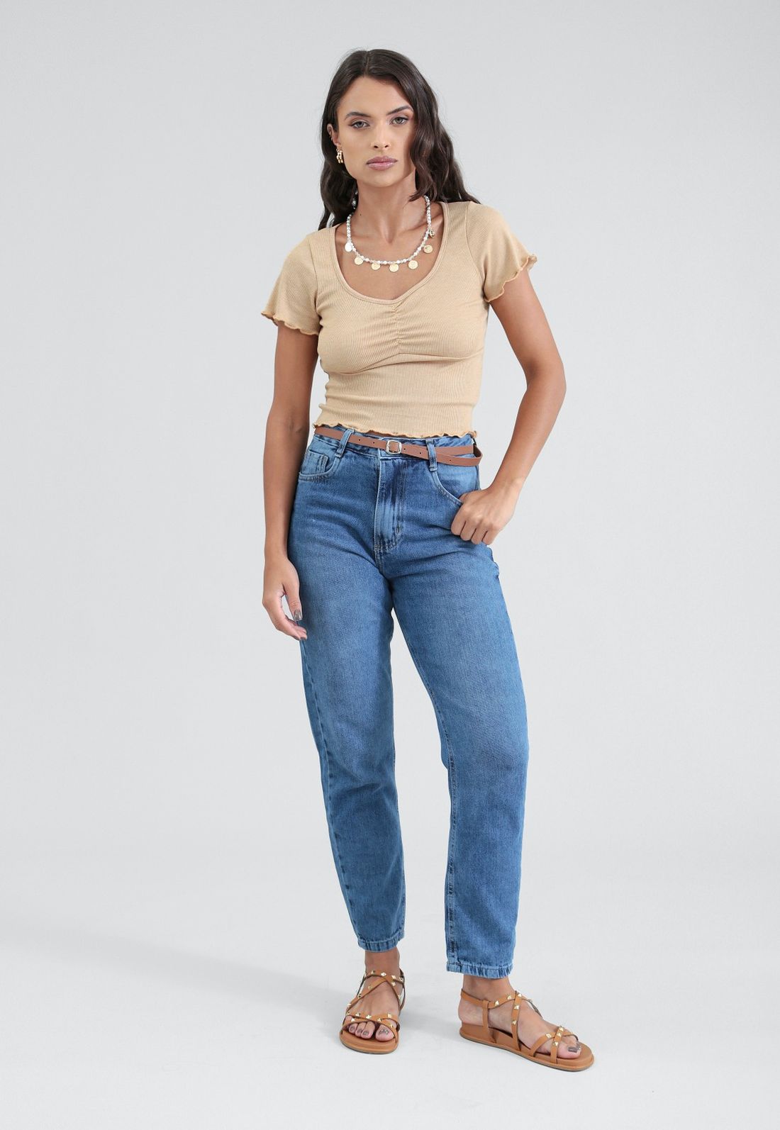 Calça Jeans Mom Com Cinto - Cor AZUL MEDIO - Tamanho 34