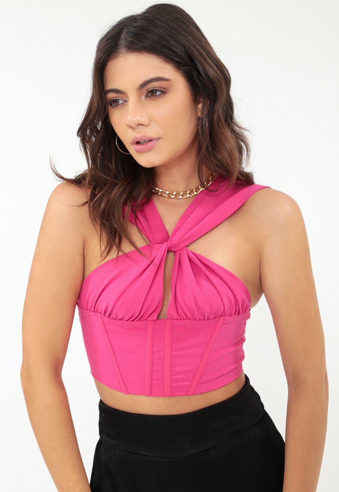 CROPPED CREPE DECOTE TORCIDO CORSET - Tamanho P - Cor PINK