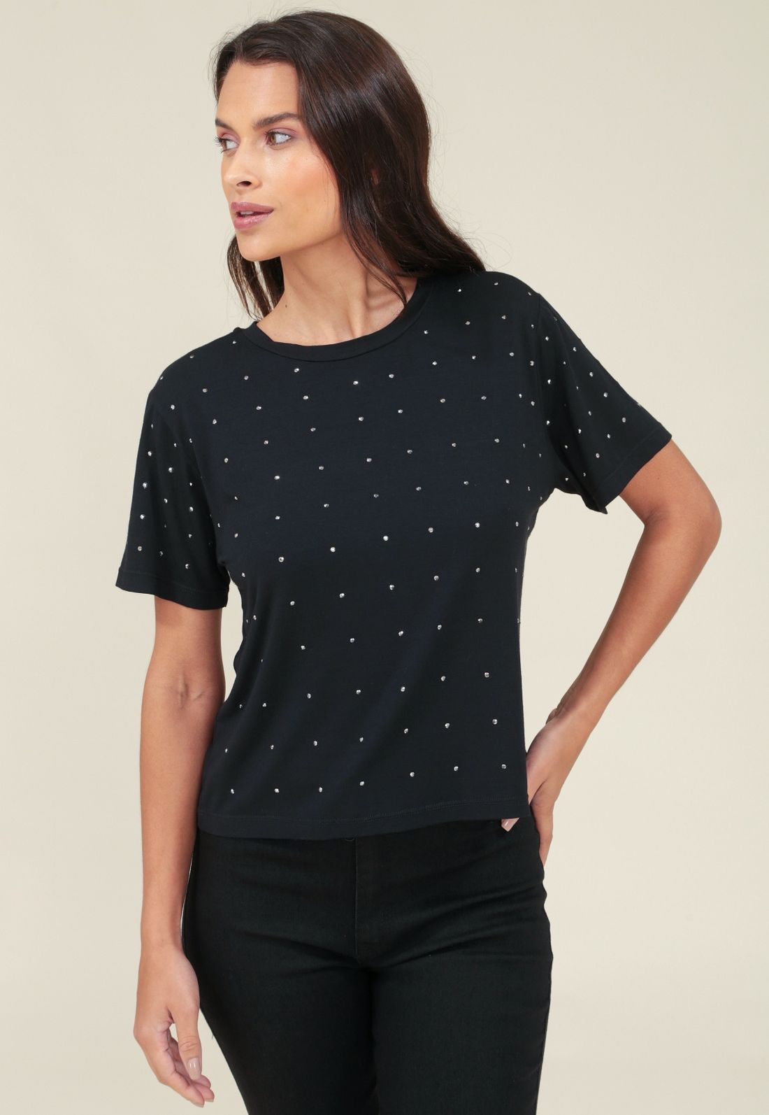 BLUSA MANGA CURTA APLIQUE STRASS - Cor PRETO - Tamanho PP