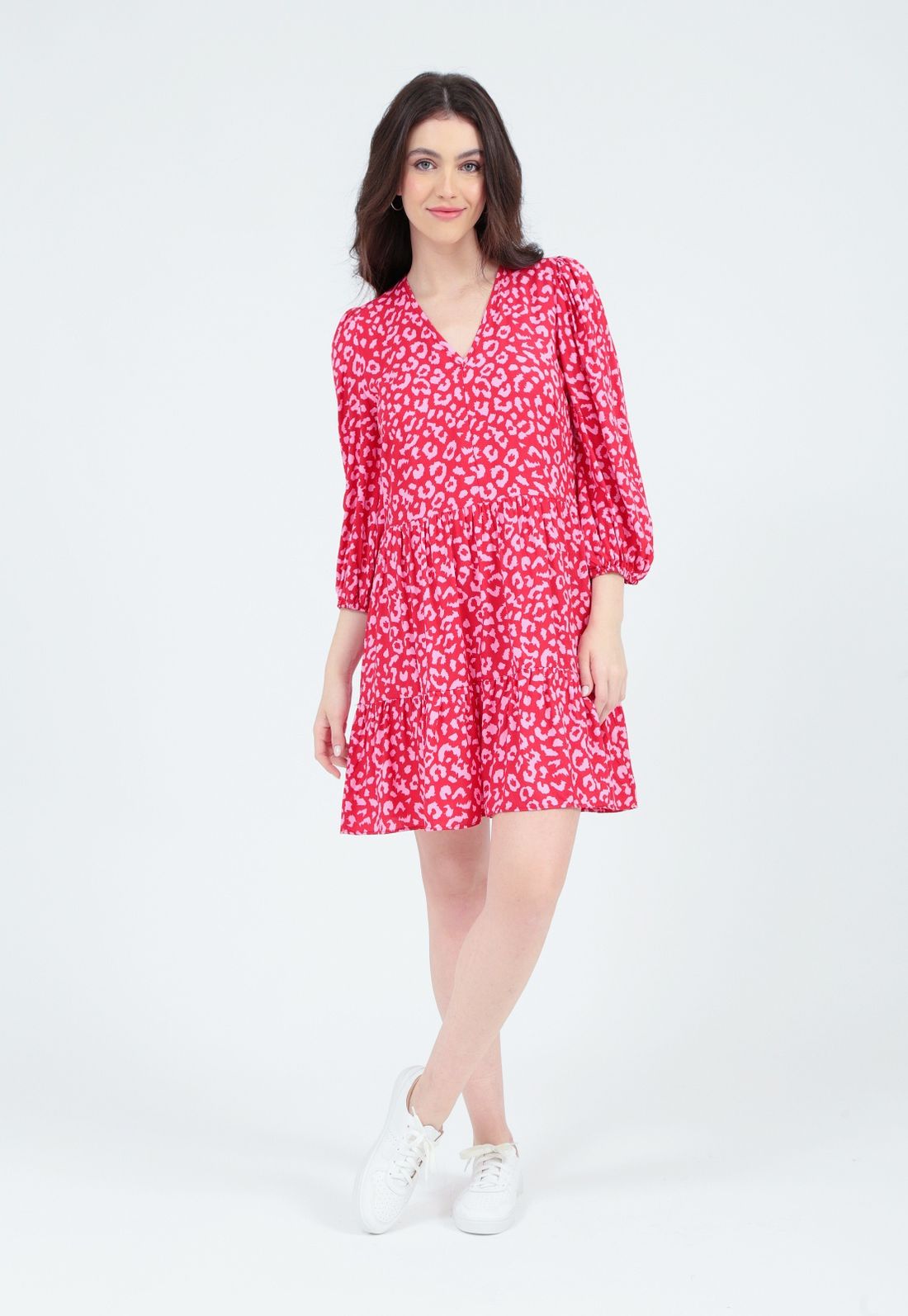 VESTIDO VISCOSE 7/8 ANIMAL PRINT - Cor VERMELHO - Tamanho PP