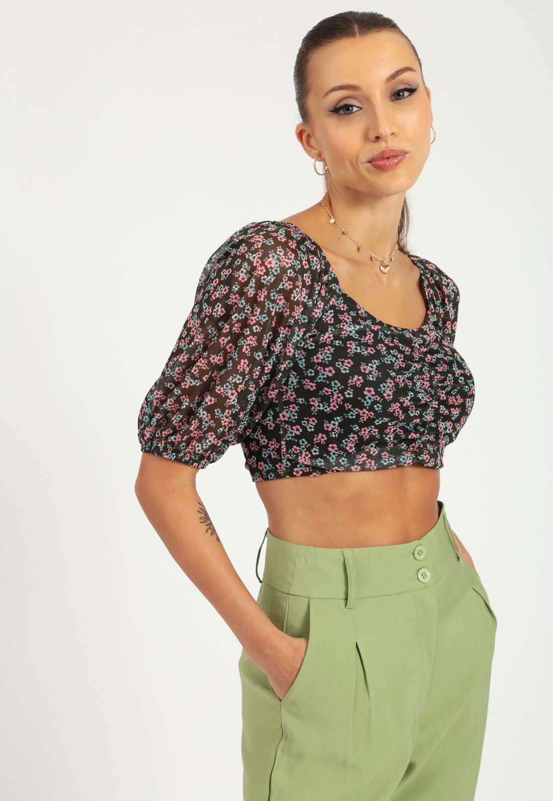 CROPPED TULE MANGA 3/4 BUSTO FRANZIDO LIBERTY - Cor VERDE - Tamanho PP