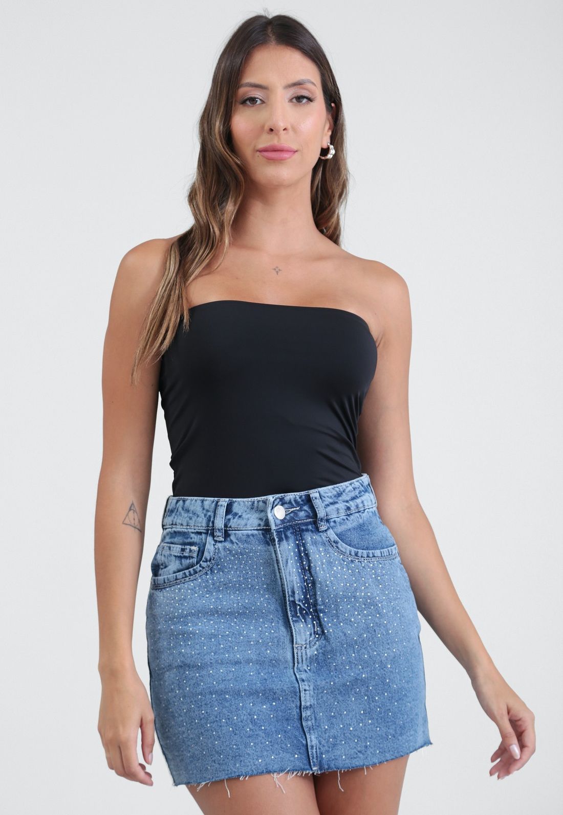 Saia Jeans Curta Com Strass - Cor AZUL - Tamanho 34