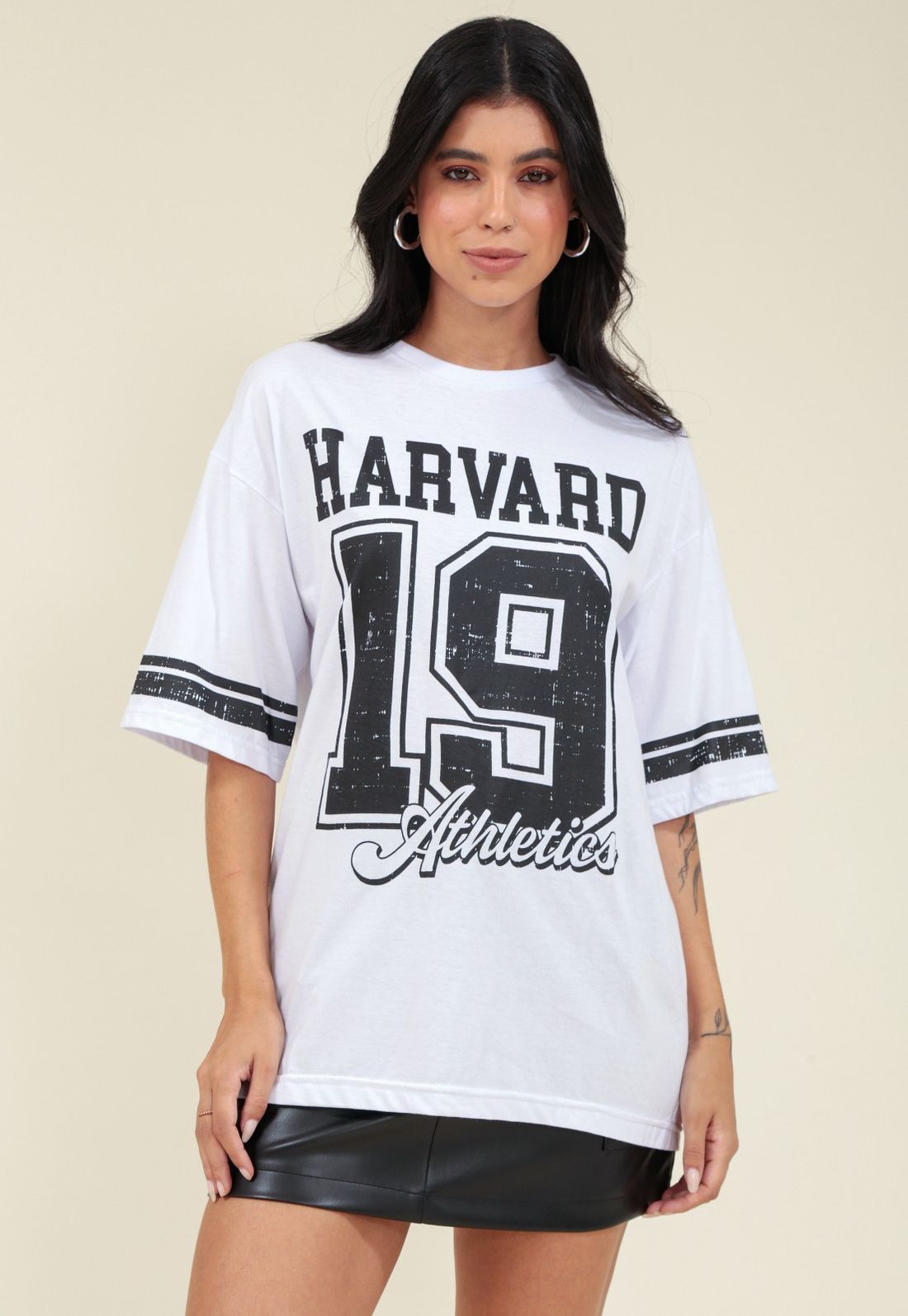 T-SHIRT  MEIA MALHA OVERSIZE HARVARD - Tamanho P - Cor BRANCO