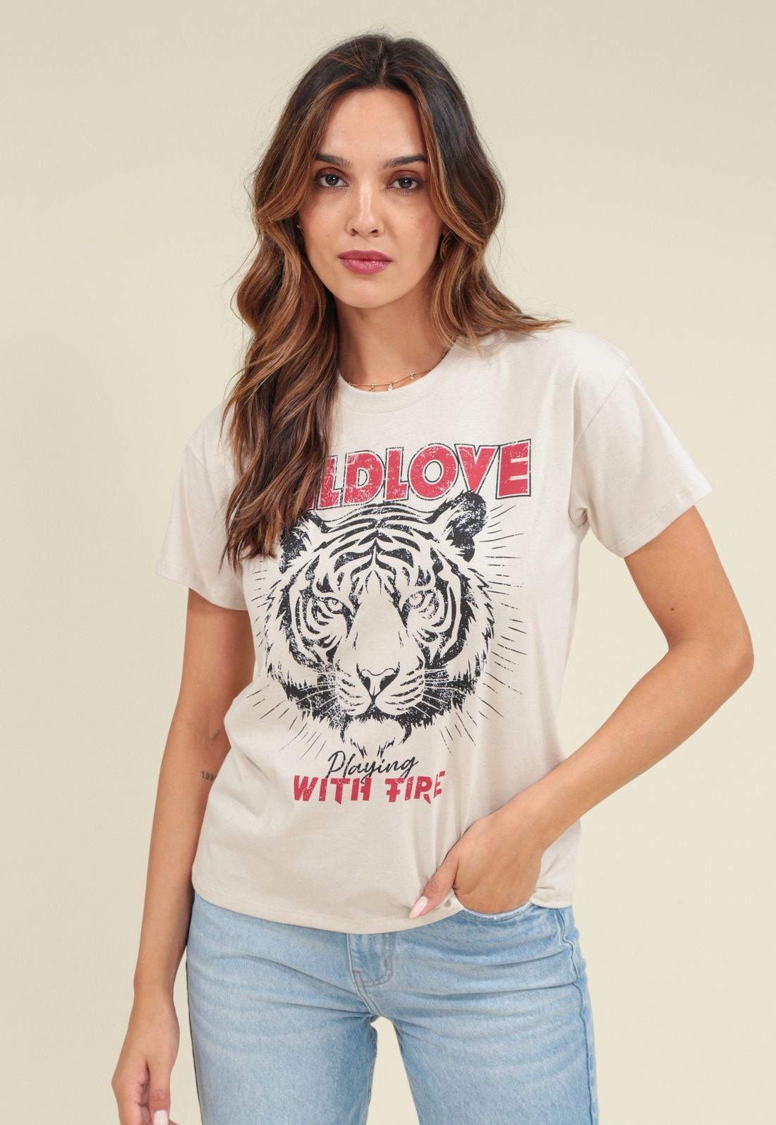 T-SHIRT EM MEIA MALHA WILDLOVE - Tamanho M - Cor BEGE