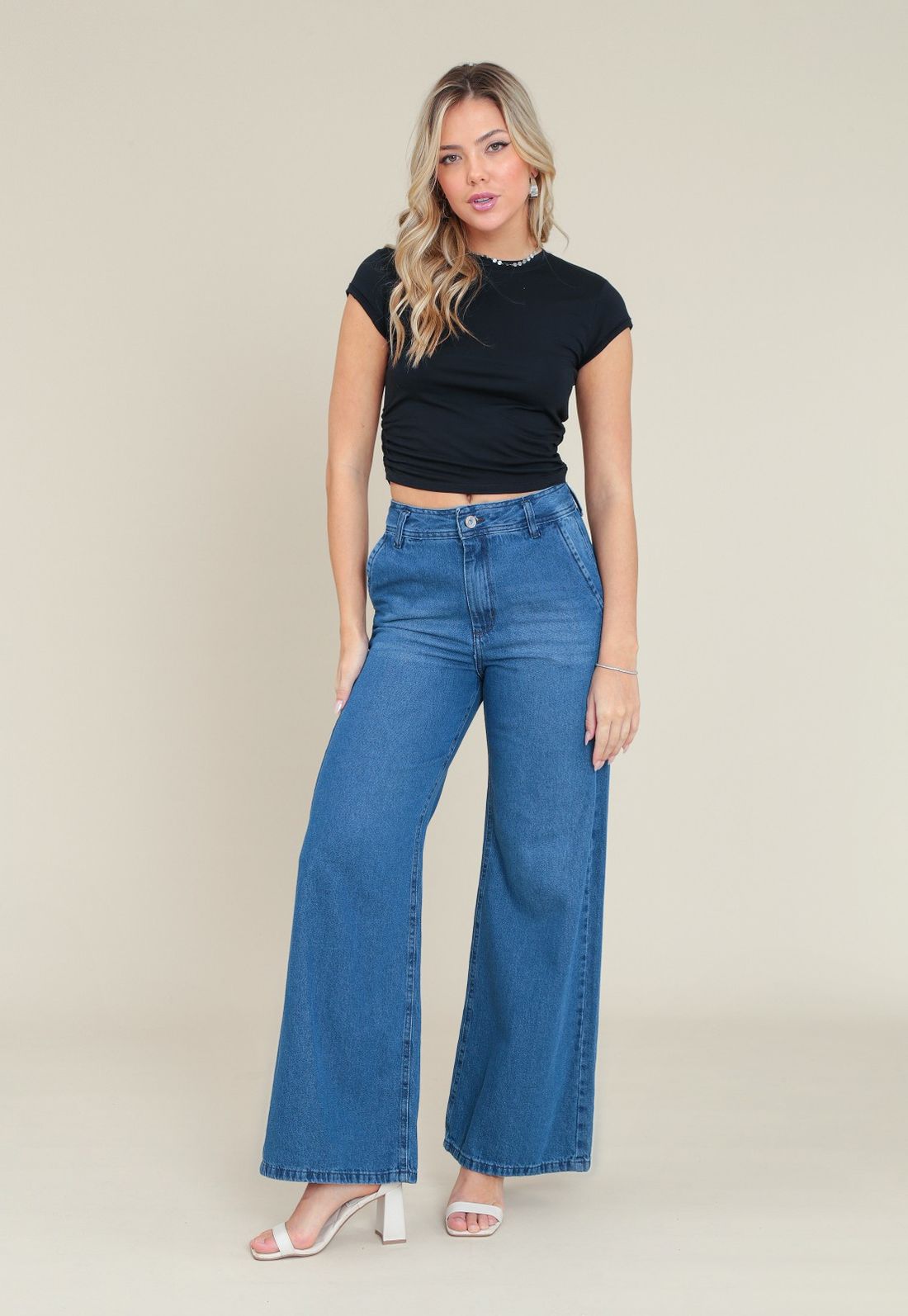 CALÇA JEANS WIDE LEG AZUL ESCURO - Cor AZUL ESCURO - Tamanho 34